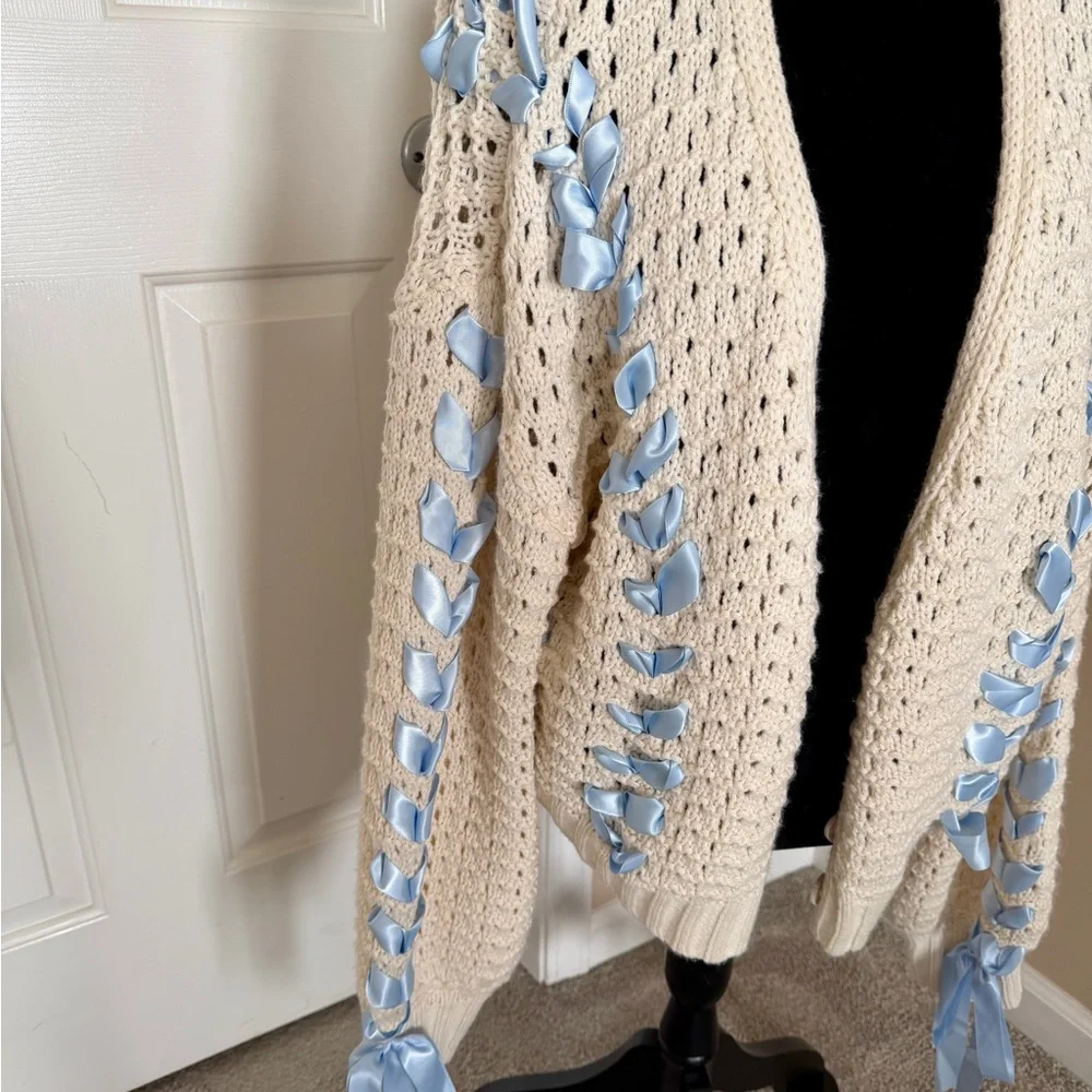 Altar’d State Cream Open Knit Cardigan Blue Ribbon Lace-Up Boho - Picture 3 of 7